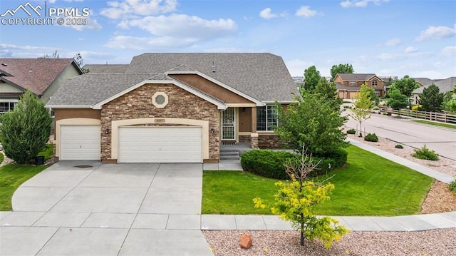 6107 Adamants Dr, Colorado Springs, CO 80924 - view of front of property featuring an attached garage, a shingled roof, stone siding, and driveway