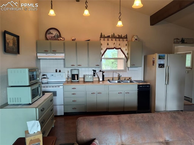 237 Blue Spruce Rd, Divide, CO 80814 - kitchen with white appliances, under cabinet range hood, decorative backsplash, hanging light fixtures, and light countertops