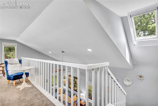 531 N Cedar St, Colorado Springs, CO 80903 - hallway with lofted ceiling, carpet flooring, and recessed lighting