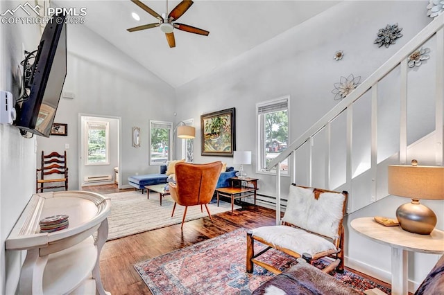 531 N Cedar St, Colorado Springs, CO 80903 - living room with stairs, ceiling fan, high vaulted ceiling, wood finished floors, and a baseboard heating unit