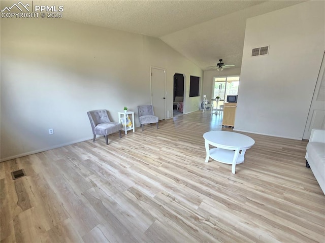 974 S Candlestar Loop, Fountain, CO 80817 - living area featuring ceiling fan, light wood-style floors, lofted ceiling, and a textured ceiling