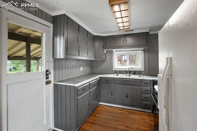 205 N Laurel St, Woodland Park, CO 80863 - kitchen with gray cabinetry, freestanding refrigerator, dark wood-style flooring, light countertops, and crown molding