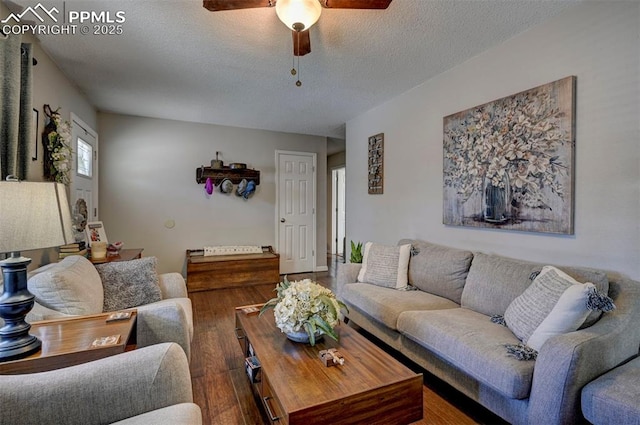 1222 Hartford St, Colorado Springs, CO 80906 - living area featuring ceiling fan, a textured ceiling, and wood finished floors