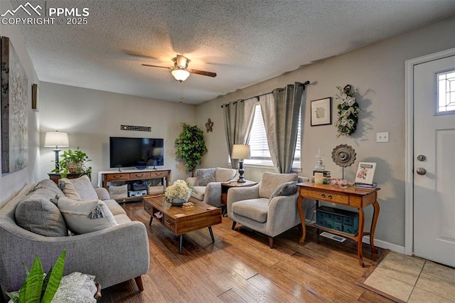 1222 Hartford St, Colorado Springs, CO 80906 - living room featuring a ceiling fan, light wood-type flooring, and a textured ceiling
