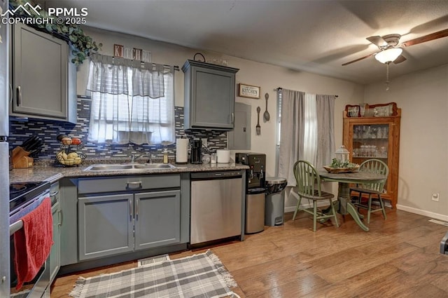 1222 Hartford St, Colorado Springs, CO 80906 - kitchen featuring stainless steel appliances, gray cabinets, backsplash, a ceiling fan, and light wood-style flooring
