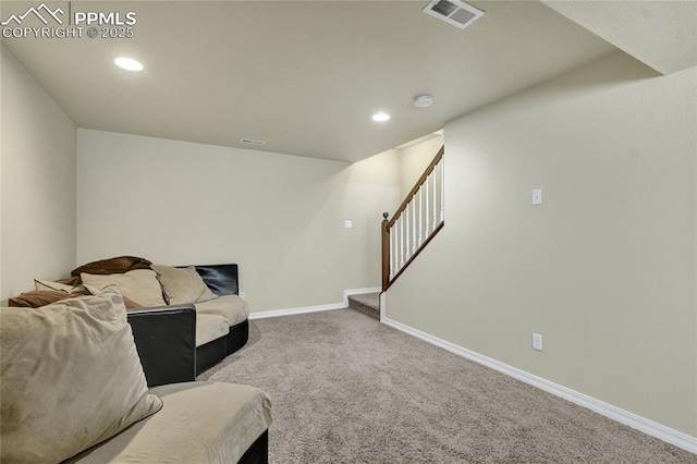 2601 Lynbarton Pt, Colorado Springs, CO 80918 - living area with stairway, carpet, and recessed lighting