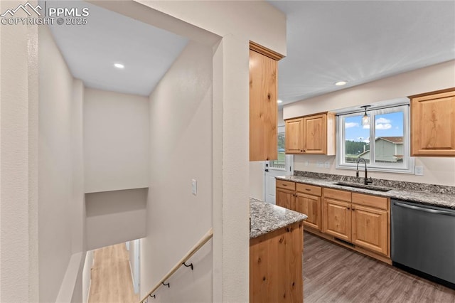 1005 Mountain View Rd, Woodland Park, CO 80863 - kitchen featuring stainless steel dishwasher, wood finished floors, recessed lighting, and stone countertops