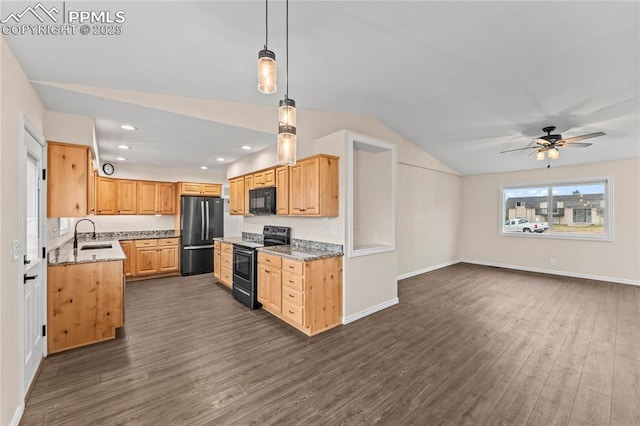1005 Mountain View Rd, Woodland Park, CO 80863 - kitchen featuring electric range, black microwave, freestanding refrigerator, dark wood-style flooring, and open floor plan