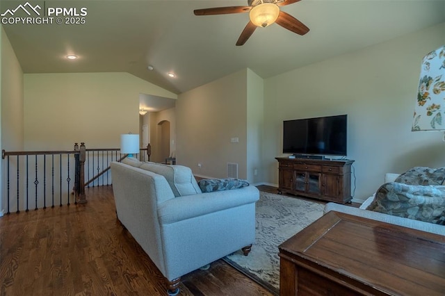 17529 Old Cherokee Trl, Colorado Springs, CO 80921 - living room featuring lofted ceiling, wood finished floors, ceiling fan, arched walkways, and recessed lighting