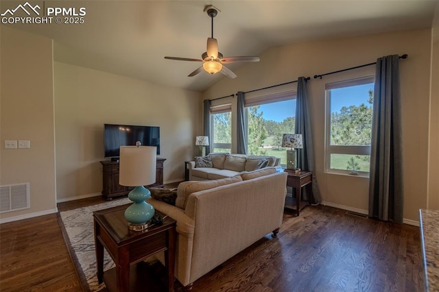 17529 Old Cherokee Trl, Colorado Springs, CO 80921 - living room with ceiling fan, dark wood-style flooring, and lofted ceiling