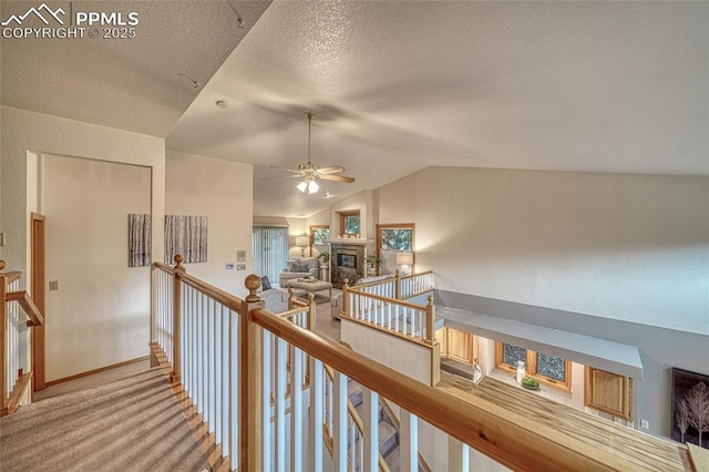 1520 Ledge Rock Ter, Colorado Springs, CO 80919 - hall with vaulted ceiling, an upstairs landing, a textured ceiling, and carpet floors