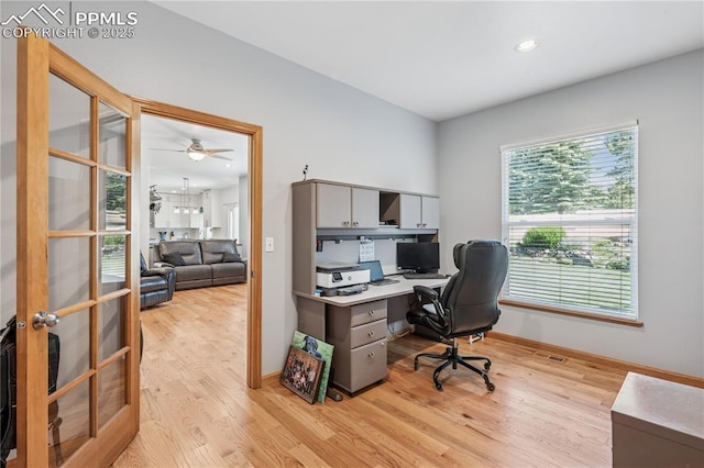2664 Emerald Ridge Dr, Colorado Springs, CO 80920 - home office featuring light wood finished floors, french doors, ceiling fan, and recessed lighting