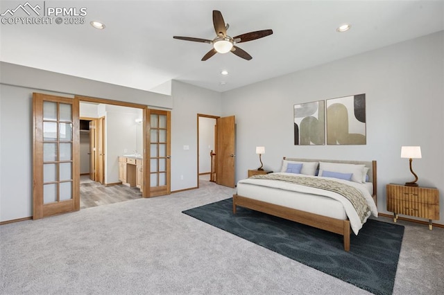 2664 Emerald Ridge Dr, Colorado Springs, CO 80920 - carpeted bedroom featuring french doors, recessed lighting, and ceiling fan
