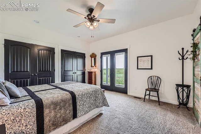 6975 H T Ranch Trl, Colorado Springs, CO 80908 - carpeted bedroom featuring two closets, access to exterior, and a ceiling fan