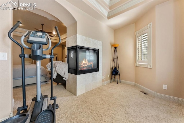 2585 Dunfries Ct, Colorado Springs, CO 80919 - workout room with ornamental molding, carpet, a multi sided fireplace, and a raised ceiling