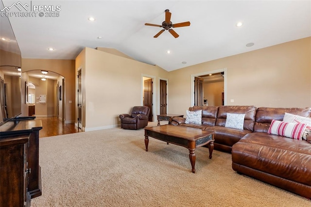 2585 Dunfries Ct, Colorado Springs, CO 80919 - living area featuring a ceiling fan, carpet floors, arched walkways, vaulted ceiling, and recessed lighting