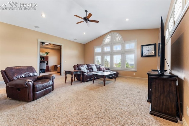 2585 Dunfries Ct, Colorado Springs, CO 80919 - living room with a ceiling fan, light carpet, lofted ceiling, and recessed lighting