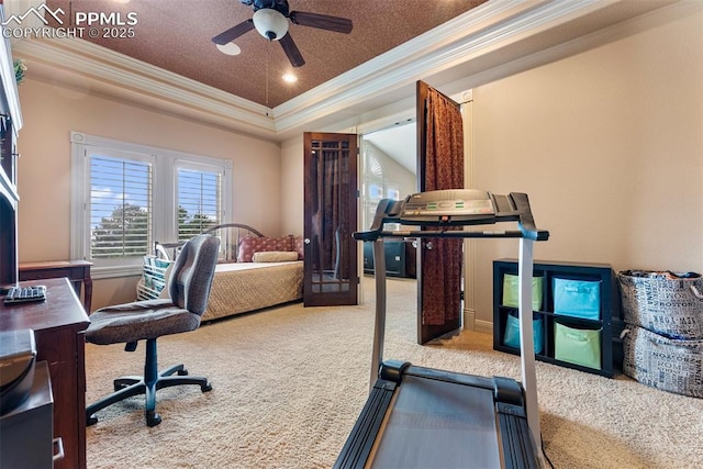 2585 Dunfries Ct, Colorado Springs, CO 80919 - carpeted home office featuring ornamental molding, a raised ceiling, and a ceiling fan