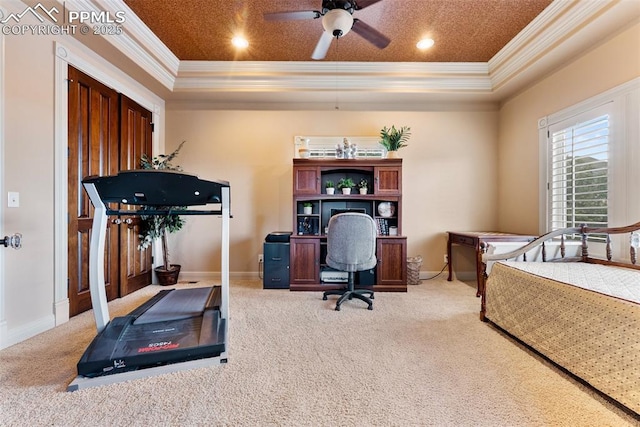 2585 Dunfries Ct, Colorado Springs, CO 80919 - carpeted bedroom featuring crown molding, a tray ceiling, a desk, recessed lighting, and ceiling fan