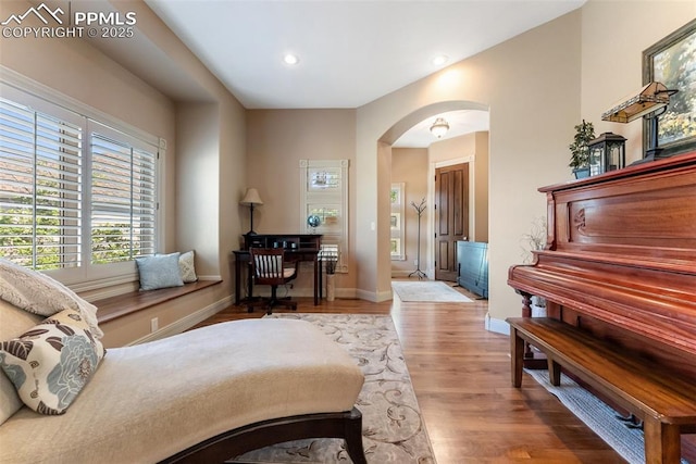 2585 Dunfries Ct, Colorado Springs, CO 80919 - bedroom with arched walkways, multiple windows, wood finished floors, and recessed lighting