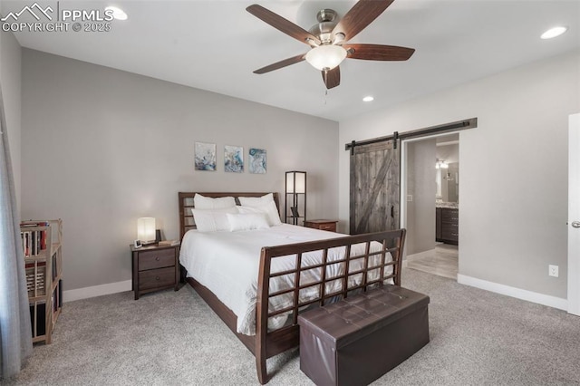 501 N Franklin St, Colorado Springs, CO 80903 - bedroom featuring a barn door, carpet, recessed lighting, ensuite bath, and ceiling fan