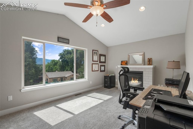 501 N Franklin St, Colorado Springs, CO 80903 - carpeted home office featuring healthy amount of natural light, lofted ceiling, a fireplace, ceiling fan, and recessed lighting