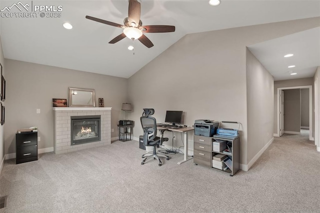 501 N Franklin St, Colorado Springs, CO 80903 - home office with a fireplace, a ceiling fan, carpet flooring, lofted ceiling, and recessed lighting