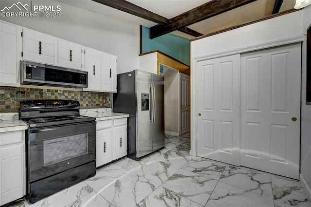 5926 Del Paz Dr, Colorado Springs, CO 80918 - kitchen with appliances with stainless steel finishes, beamed ceiling, decorative backsplash, light countertops, and light marble finish floors