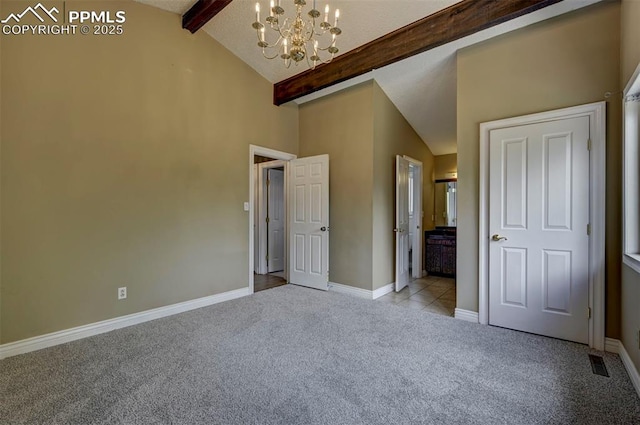 5926 Del Paz Dr, Colorado Springs, CO 80918 - unfurnished bedroom featuring light colored carpet, a chandelier, and connected bathroom