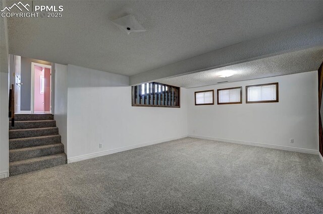 5926 Del Paz Dr, Colorado Springs, CO 80918 - below grade area with carpet, a textured ceiling, and stairs