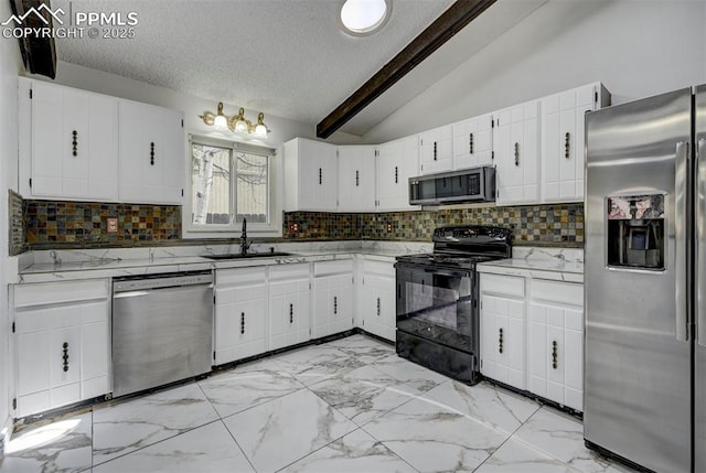 5926 Del Paz Dr, Colorado Springs, CO 80918 - kitchen featuring appliances with stainless steel finishes, a textured ceiling, backsplash, white cabinetry, and light marble finish flooring