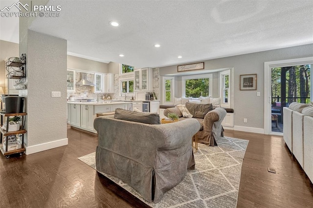 970 Bend In The Trail Rd, Monument, CO 80132 - living area with a textured ceiling, dark wood-style floors, recessed lighting, a textured wall, and beverage cooler