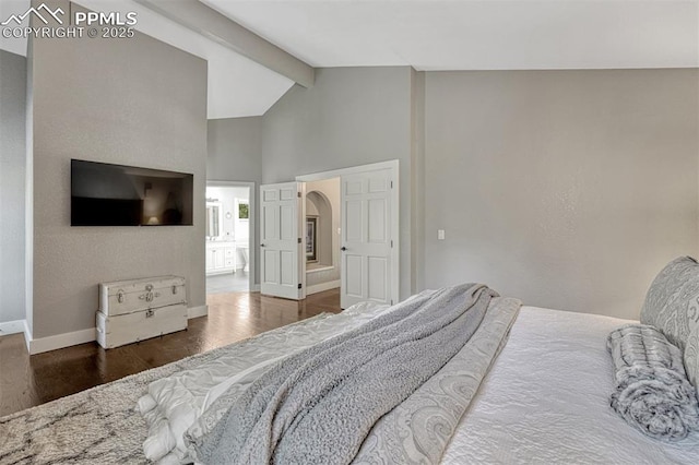 970 Bend In The Trail Rd, Monument, CO 80132 - bedroom with wood finished floors, beam ceiling, and high vaulted ceiling
