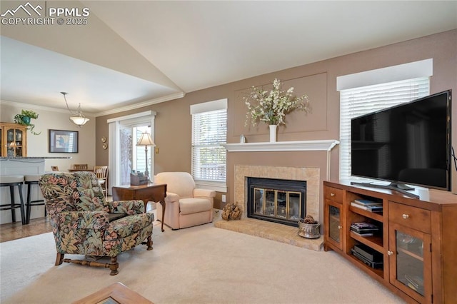 2527 Elite Ter, Colorado Springs, CO 80920 - living area with a fireplace, crown molding, and vaulted ceiling