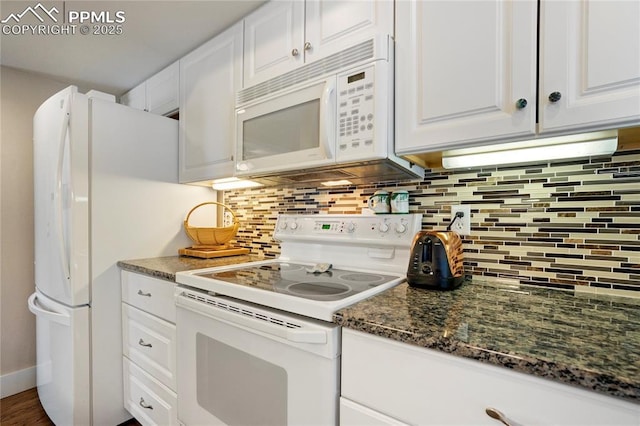 2527 Elite Ter, Colorado Springs, CO 80920 - kitchen featuring white appliances, white cabinetry, and backsplash