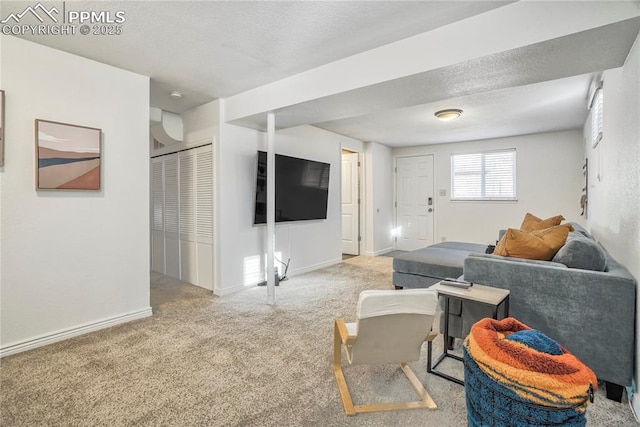 1633 N Chestnut St, Colorado Springs, CO 80907 - carpeted living area featuring baseboards and a textured ceiling