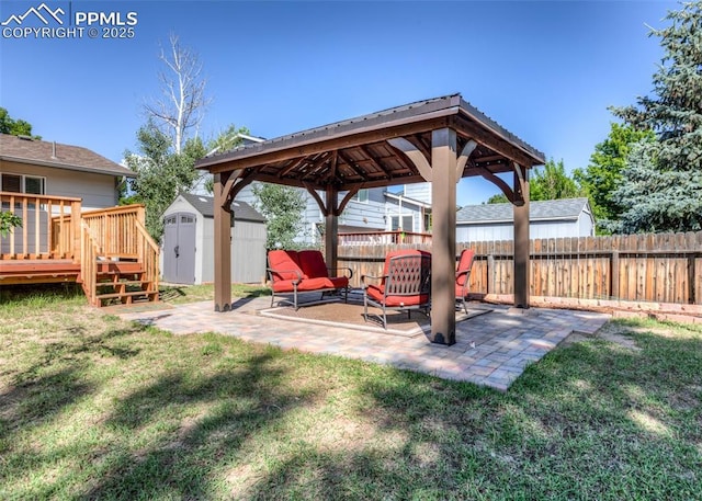 3730 Deep Haven Dr, Colorado Springs, CO 80920 - fenced backyard featuring a gazebo, a storage shed, a patio area, and a deck