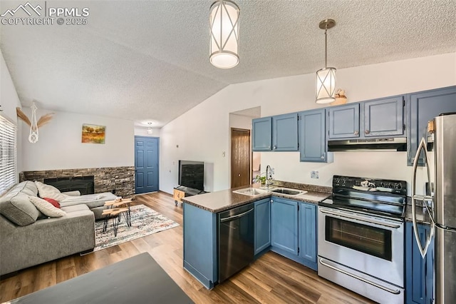3324 W Kiowa St, Colorado Springs, CO 80904 - kitchen featuring appliances with stainless steel finishes, open floor plan, blue cabinetry, under cabinet range hood, and vaulted ceiling