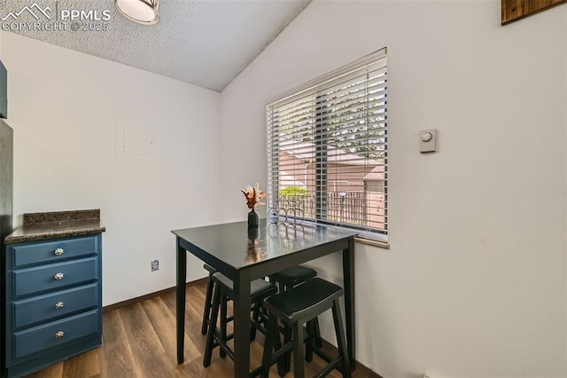 3324 W Kiowa St, Colorado Springs, CO 80904 - dining area with vaulted ceiling, dark wood-style floors, and a textured ceiling