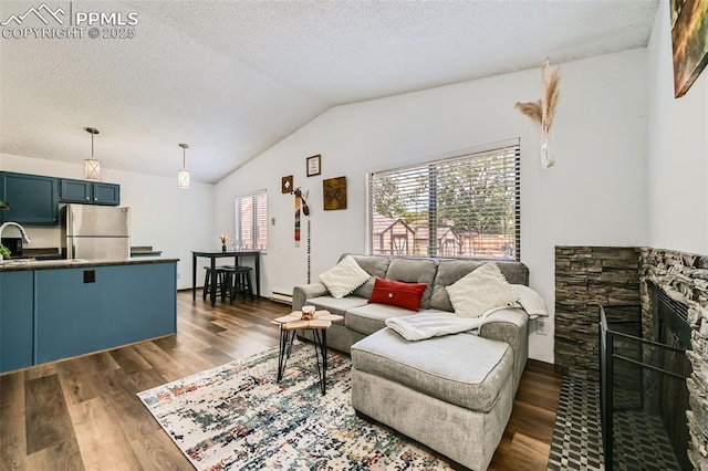 3324 W Kiowa St, Colorado Springs, CO 80904 - living area featuring dark wood-style floors, vaulted ceiling, a textured ceiling, and a baseboard heating unit