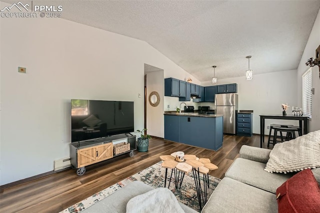 3324 W Kiowa St, Colorado Springs, CO 80904 - living room featuring vaulted ceiling, dark wood-type flooring, baseboard heating, and a textured ceiling