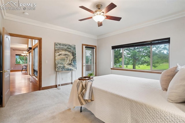20401 High Pines Dr, Monument, CO 80132 - bedroom featuring crown molding, carpet flooring, and ceiling fan