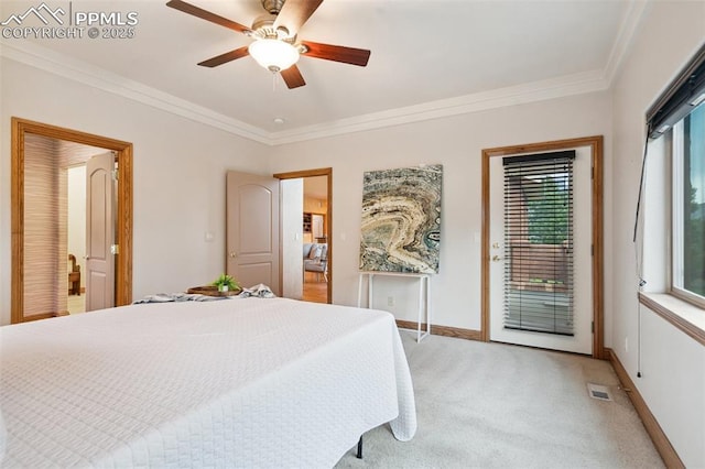 20401 High Pines Dr, Monument, CO 80132 - bedroom featuring access to outside, crown molding, light colored carpet, and a ceiling fan