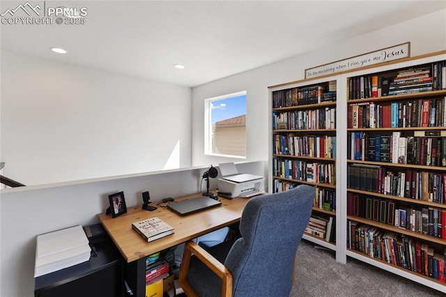 6469 Bodacious Cir, Colorado Springs, CO 80923 - carpeted home office featuring recessed lighting and wall of books