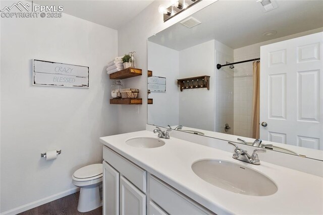 6469 Bodacious Cir, Colorado Springs, CO 80923 - bathroom with double vanity, wood finished floors, and curtained shower
