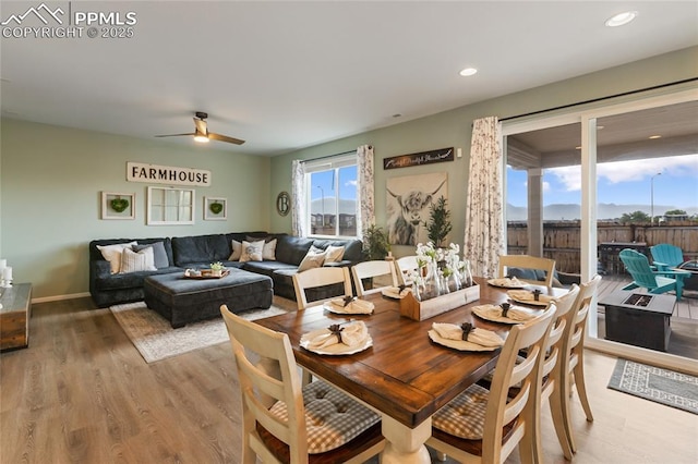 6469 Bodacious Cir, Colorado Springs, CO 80923 - dining room featuring wood finished floors, ceiling fan, and recessed lighting