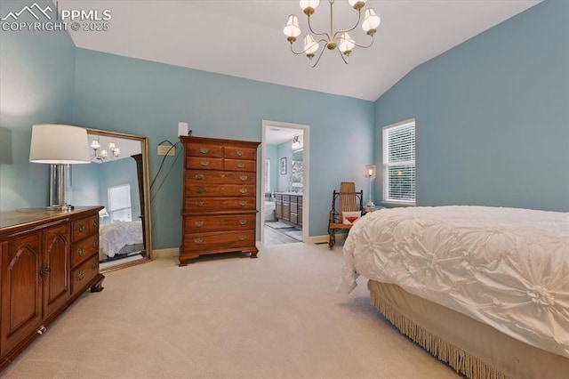 5584 Calamity Jane Ln, Colorado Springs, CO 80923 - bedroom with a chandelier, vaulted ceiling, light colored carpet, and ensuite bath