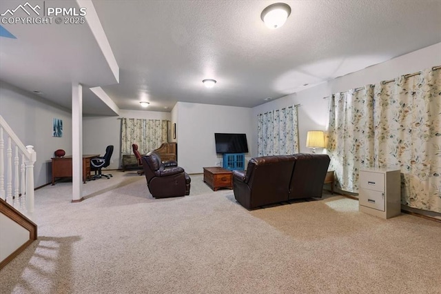 5584 Calamity Jane Ln, Colorado Springs, CO 80923 - carpeted living room with a textured ceiling and stairs