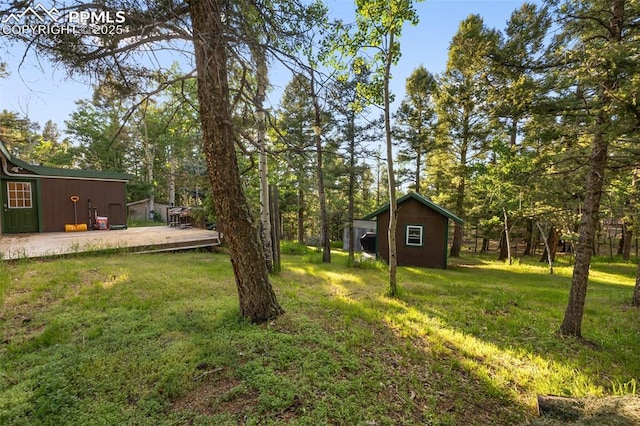 53 Iris Rd, Woodland Park, CO 80863 - view of grassy yard with an outbuilding and a deck