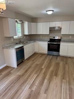 5135 Webbed Foot Way, Colorado Springs, CO 80911 - kitchen featuring appliances with stainless steel finishes, under cabinet range hood, white cabinets, and light wood-style floors